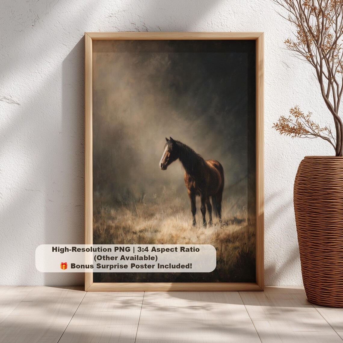 Brown Horse in Foggy Field Moody Equestrian Oil Painting Poster