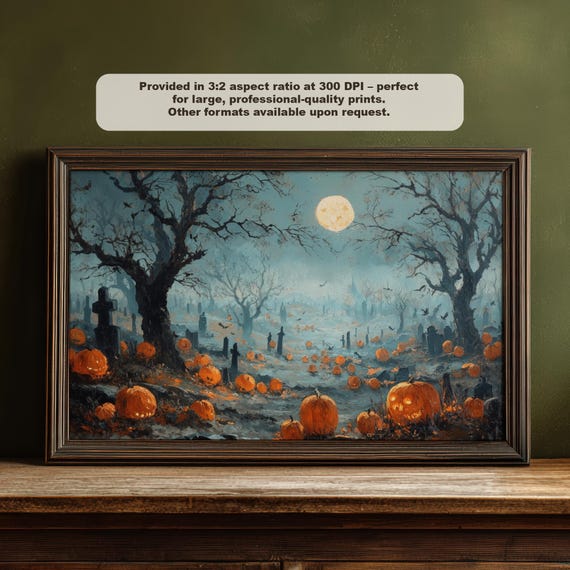 Haunted Graveyard Oil Painting Spooky Cemetery Pumpkin Field Png