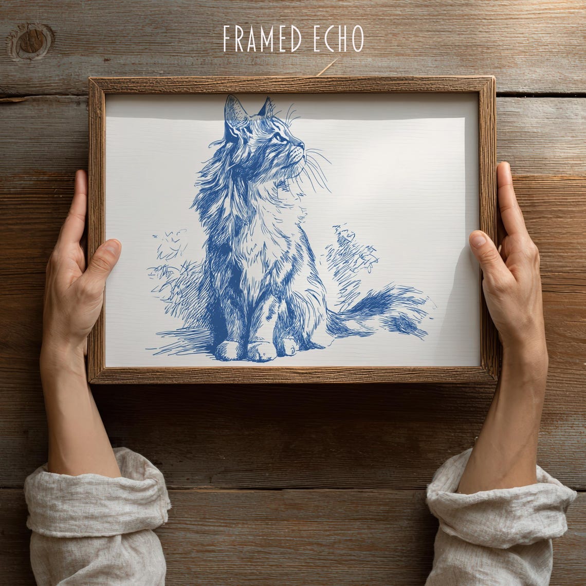Blue Ink Long Haired Cat Sketch Minimalist Feline Line Art Print