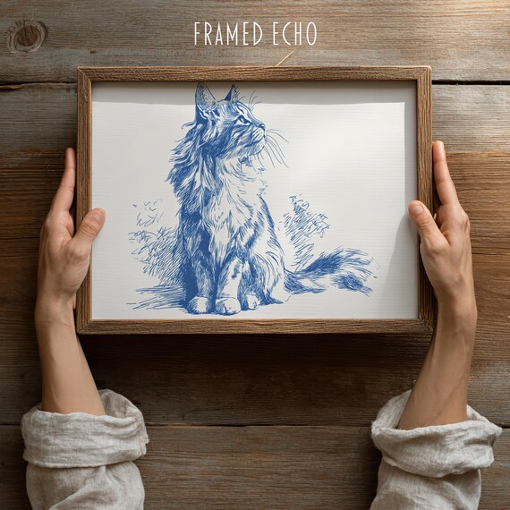 Blue Ink Long Haired Cat Sketch Minimalist Feline Line Art Print