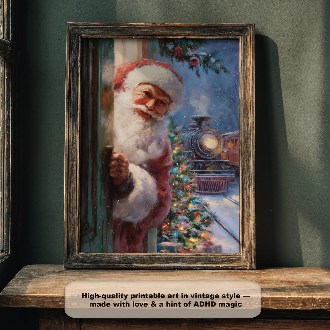 Santa Peeking By Vintage Christmas Train Holiday Scene Poster