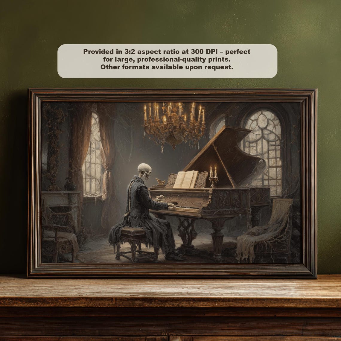 Skeleton Pianist Gothic Wall Art Dark Academia Halloween Decor