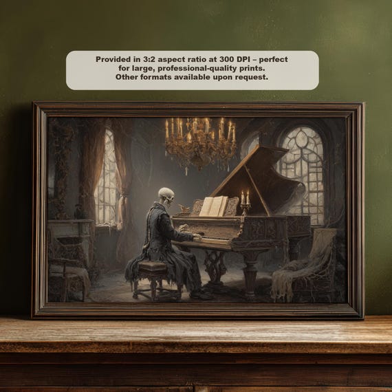 Skeleton Pianist Gothic Wall Art Dark Academia Halloween Decor