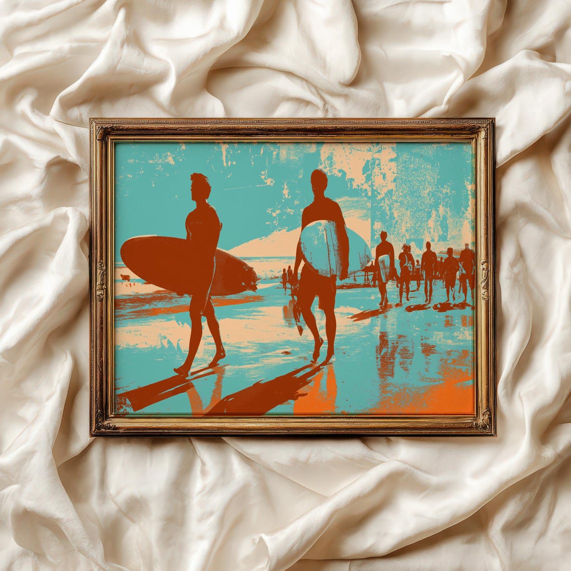 Retro Surfers Beach Silkscreen 1960s Surf Beach Decor Wall Art