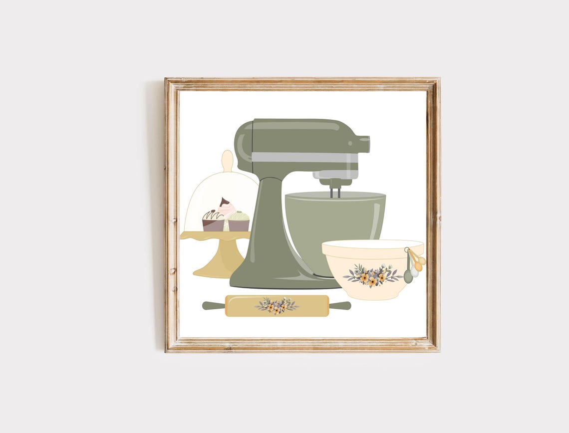 Sage Green Stand Mixer Baking Kitchen Illustration Floral Bowl Poster - Image 9
