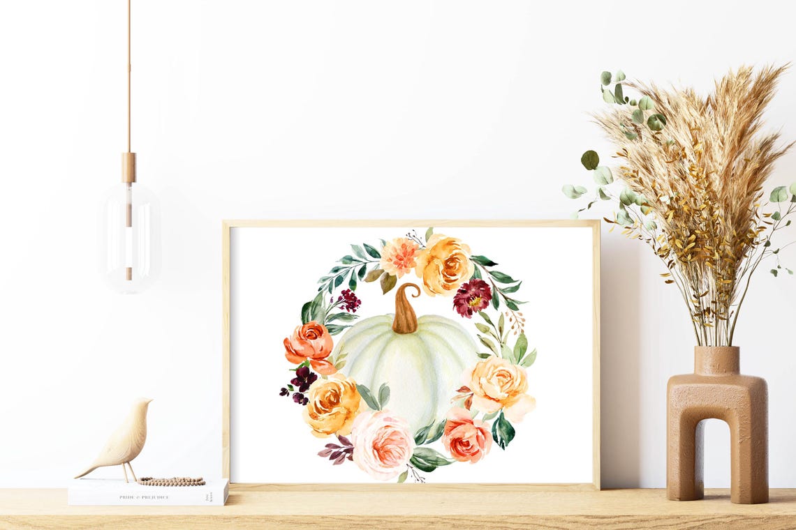 White Pumpkin Autumn Floral Wreath Watercolor Fall Art Print - Image 3