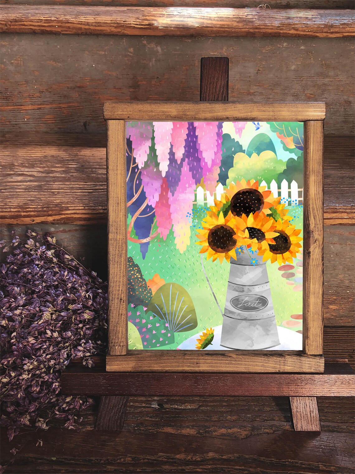 Sunflower Garden Watering Can Wisteria Picket Fence Art Poster