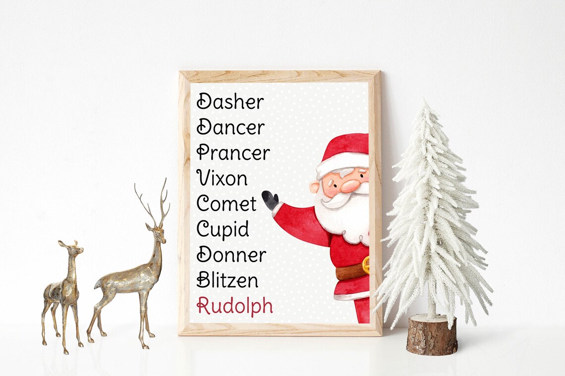 Reindeer Names List With Cute Santa Christmas Holiday Decor Wall Art - Image 2