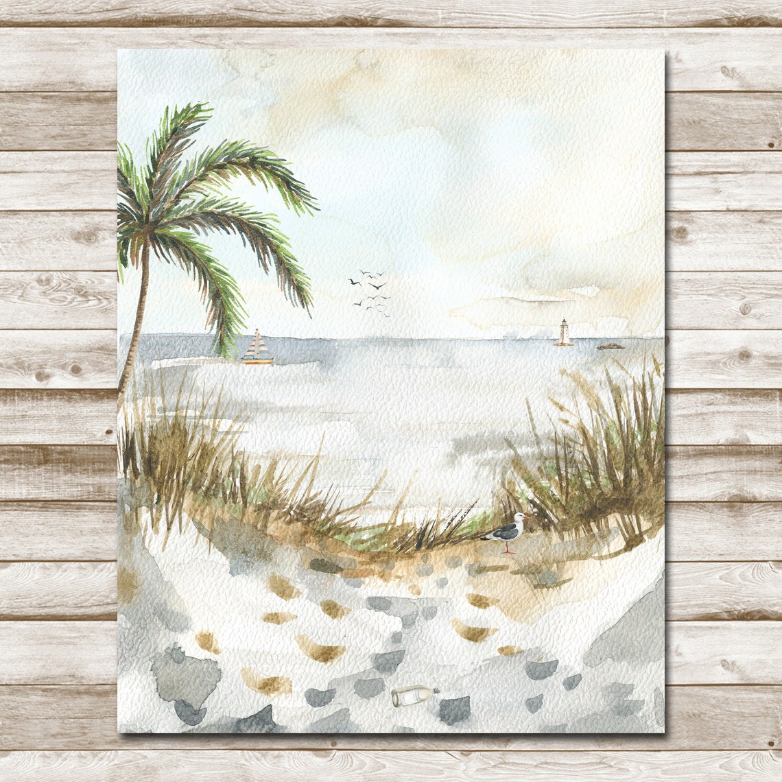 Beach Watercolor Seashore Palm Tree Seagull Sailboat Lighthouse Poster - Image 10