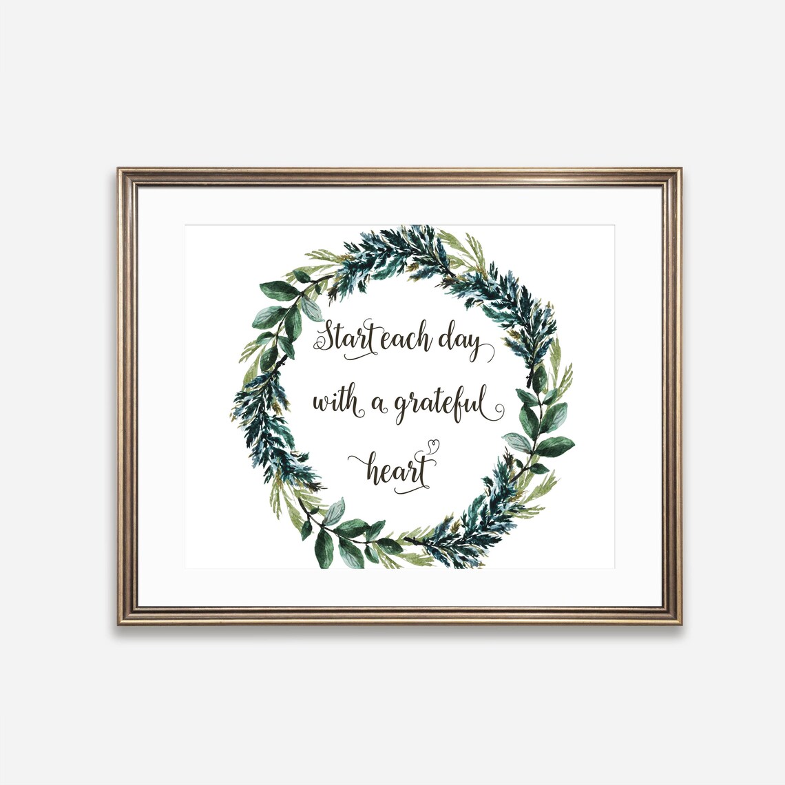 Start Each Day With A Grateful Heart Green Wreath Watercolor Poster - Image 6