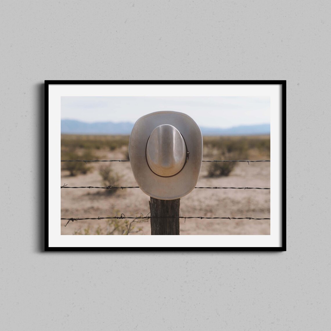 White Cowboy Hat on Barbed Wire Fence Desert Western Country Photo Poster