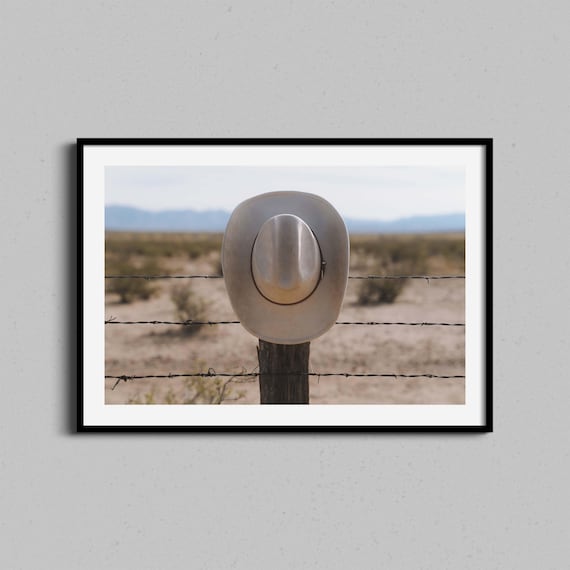 White Cowboy Hat on Barbed Wire Fence Desert Western Country Photo Poster