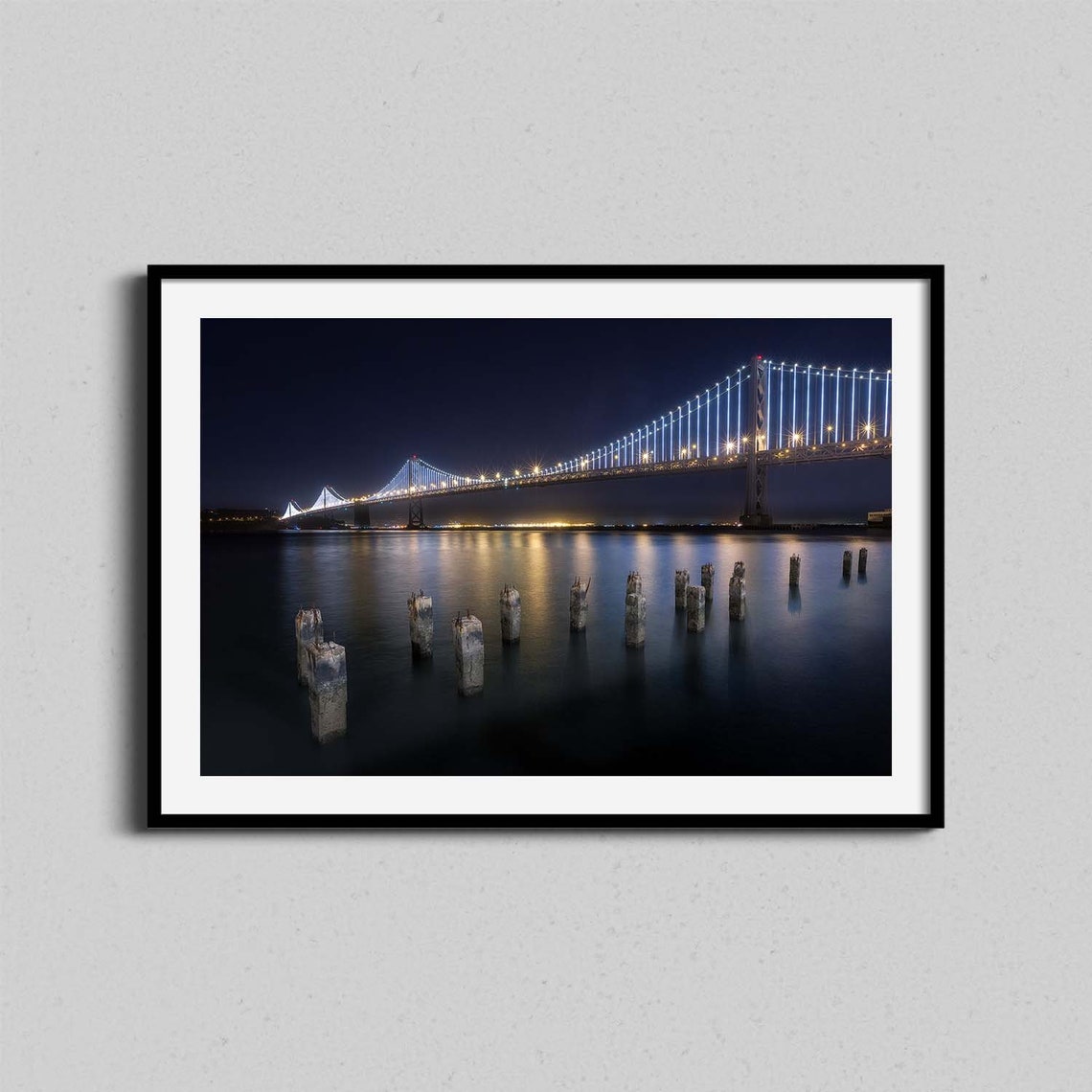 San Francisco Bay Bridge Night Illuminated Skyline Waterfront Poster