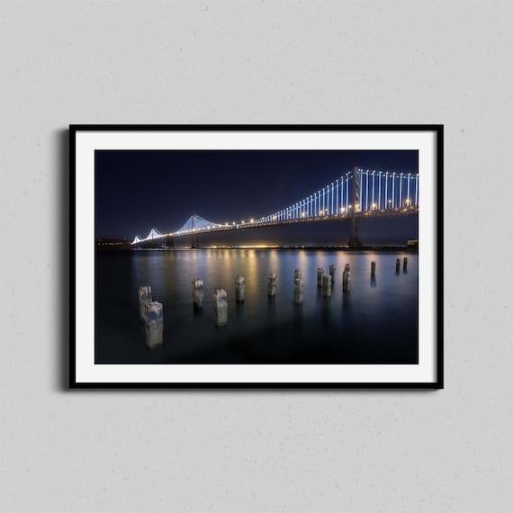 San Francisco Bay Bridge Night Illuminated Skyline Waterfront Poster