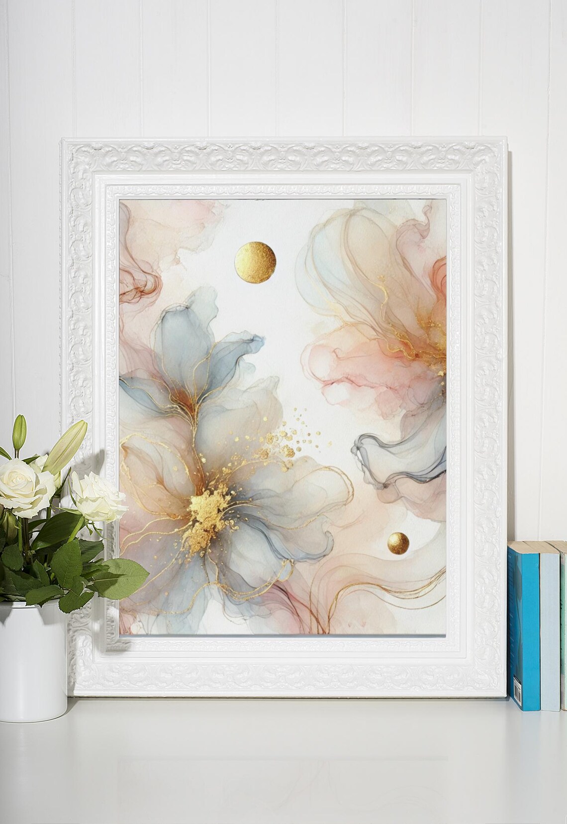 Floral Abstract Watercolor Flower Print, Gold Accent - Image 4