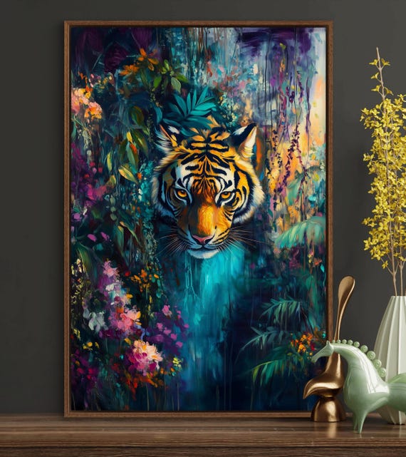 Abstract Tiger Vibrant Jungle Wildlife Art Bold Exotic Nature Print Mystical Feline Wall Decor For Home Accent