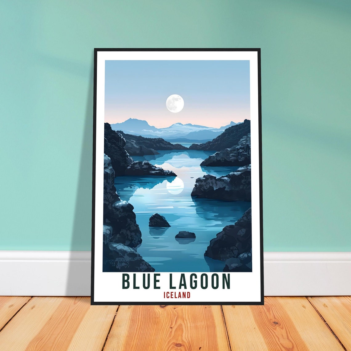 Blue Lagoon Iceland Night Scene Moonlit Lava Rocks Travel Poster