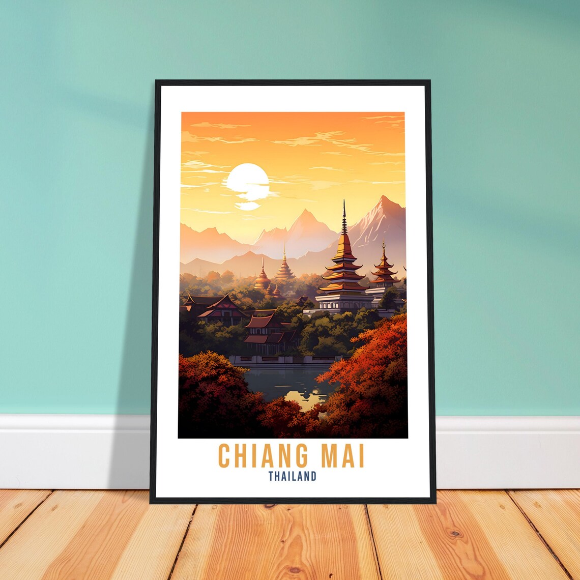 Chiang Mai Thailand Golden Temples Mountain Sunset Travel Poster