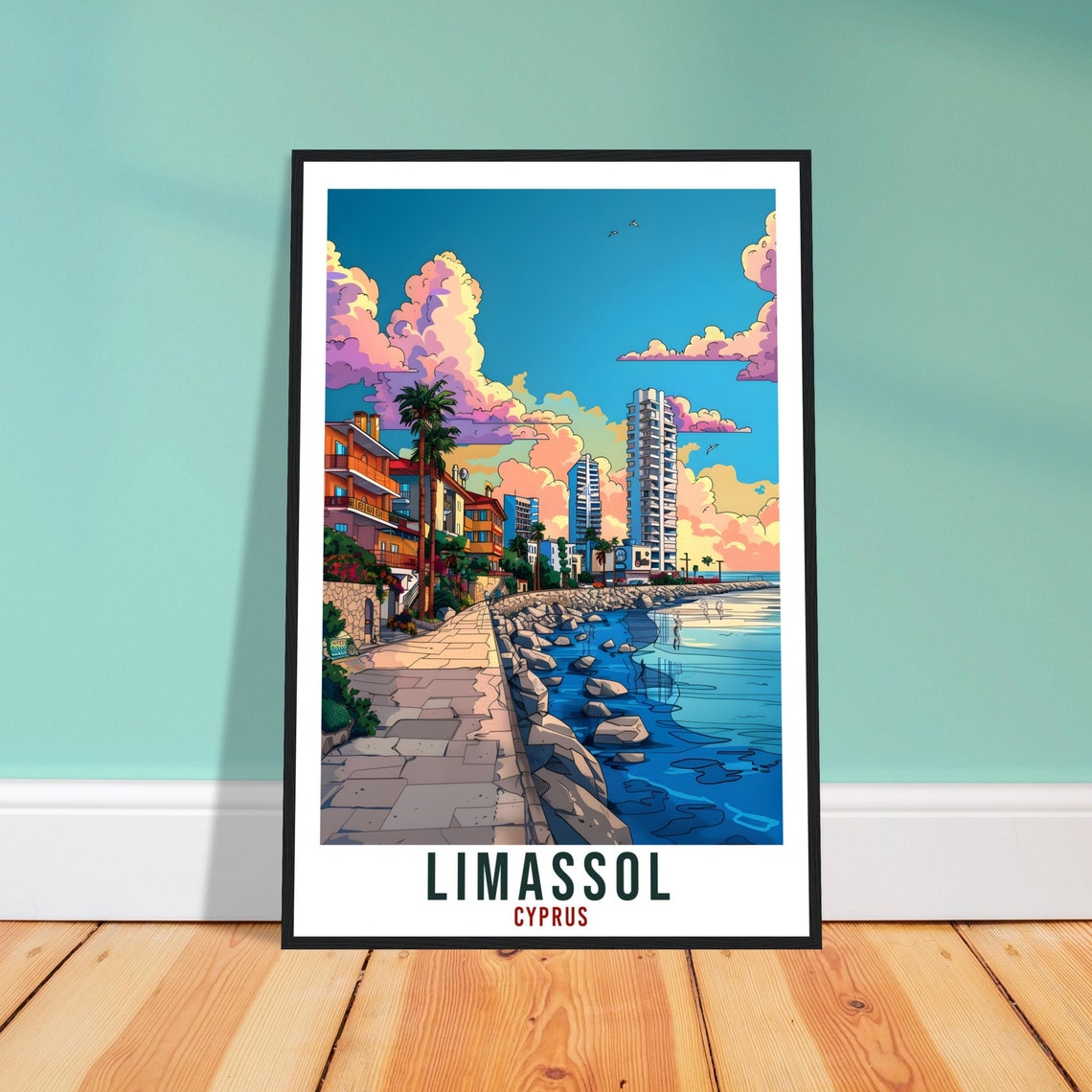 Limassol Cyprus Vintage Seaside Promenade Travel Sunny Poster