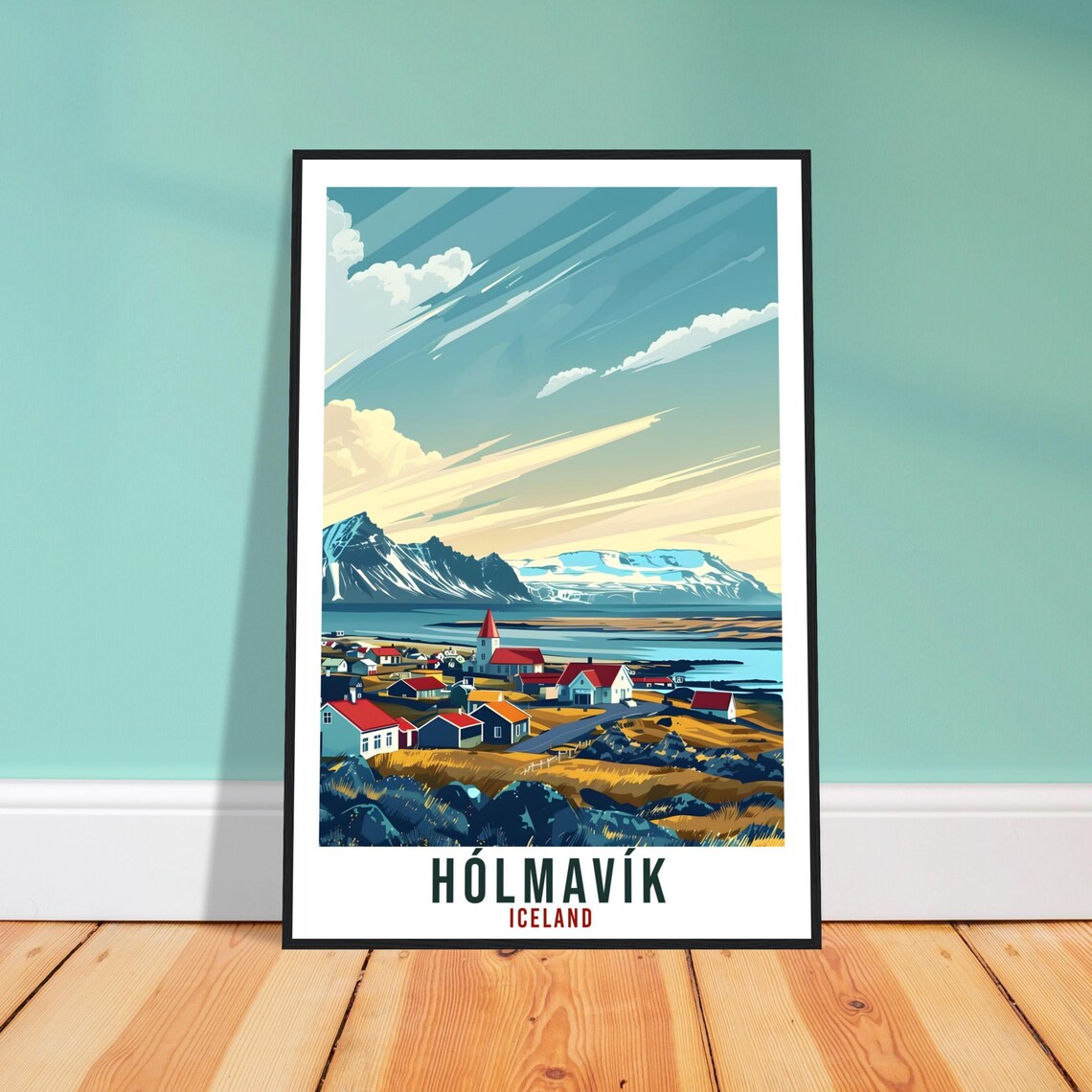 Holmavik Iceland Church Village Vintage Travel Fjord Art Poster