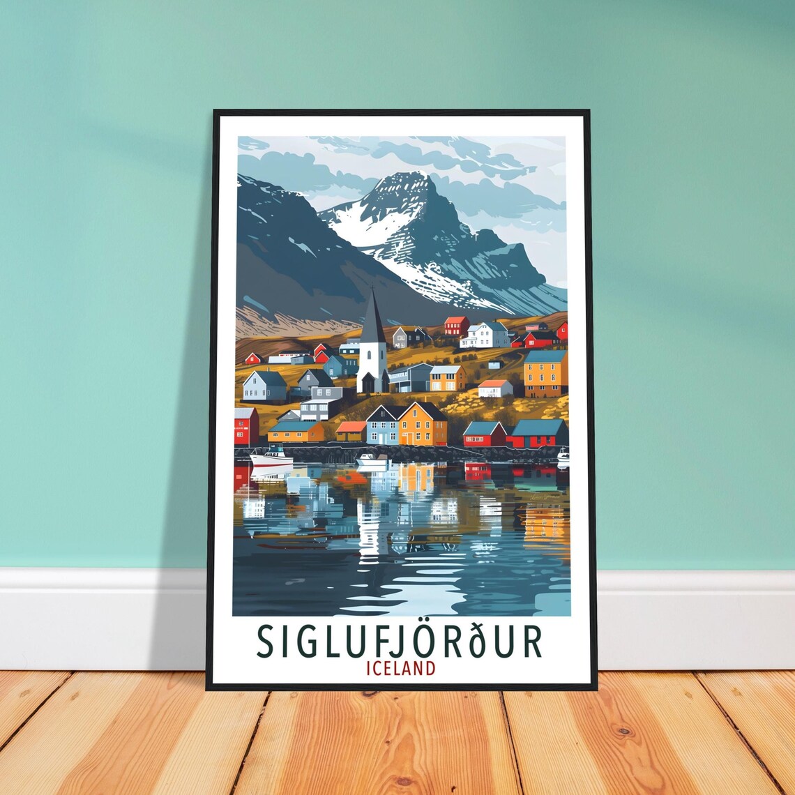 Siglufjordur Iceland Harbour Colorful Houses Mountain Travel Poster