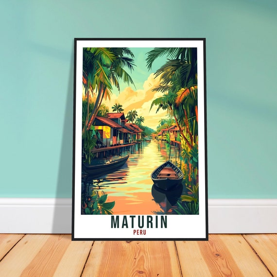 Maturin Peru Tropical River Village Stilt Houses Vintage Travel Poster Art