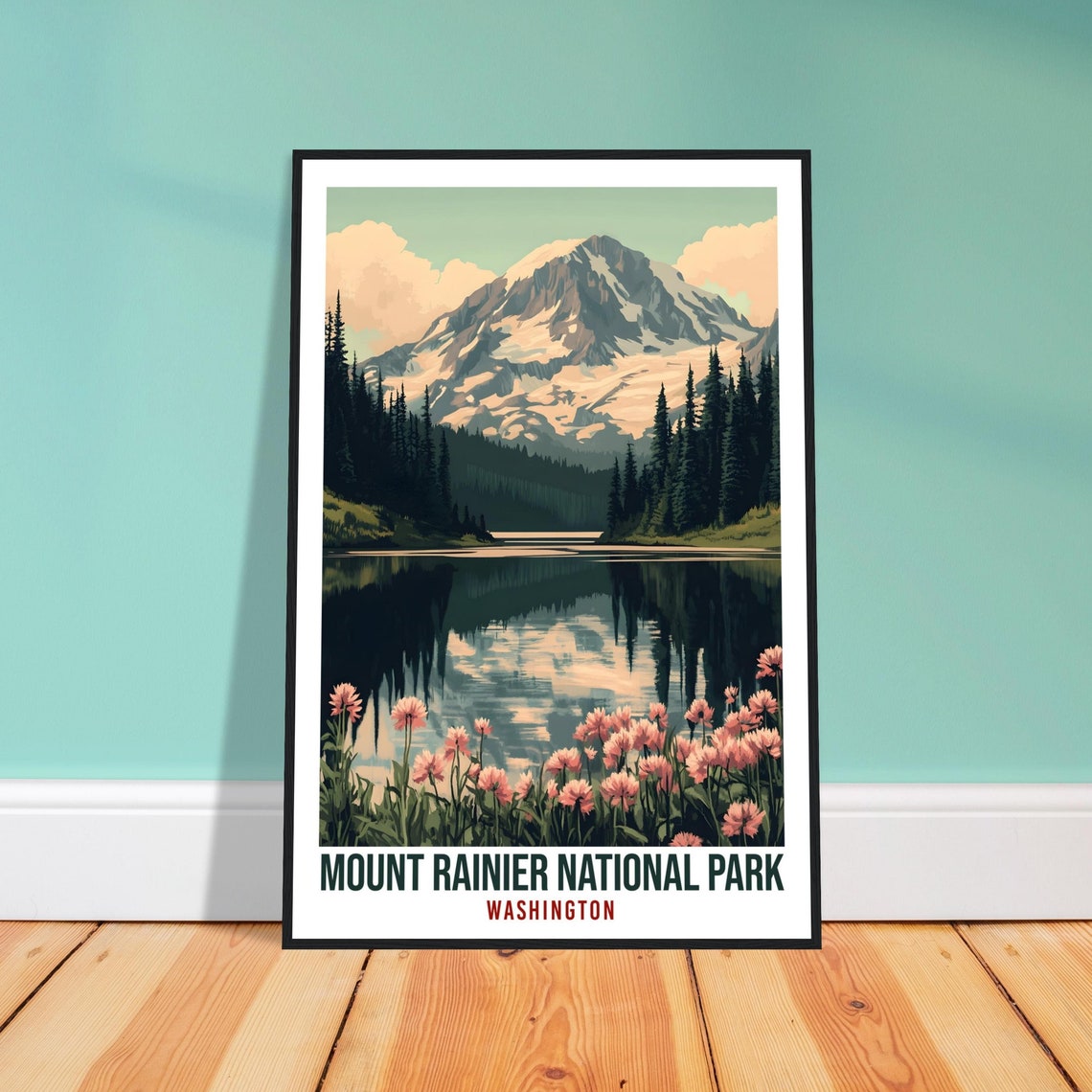 Mount Rainier National Park Washington Lake Sunset Travel Poster