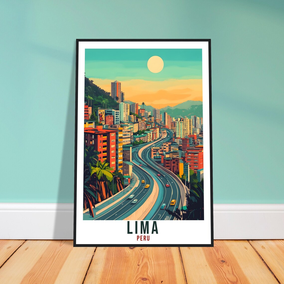 Lima Peru Sunset City Highway Skyline Vintage Illustrated Travel Poster