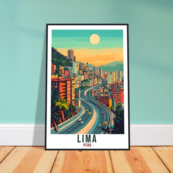 Lima Peru Sunset City Highway Skyline Vintage Illustrated Travel Poster