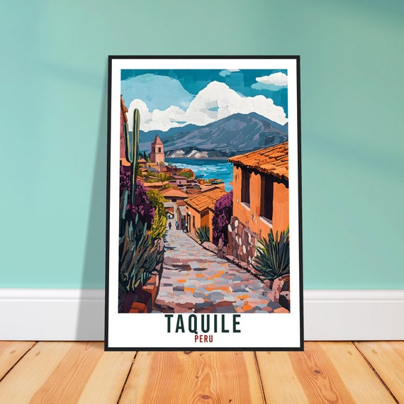 Taquile Peru Cobblestone Street Lake Titicaca Vintage Travel Poster Art