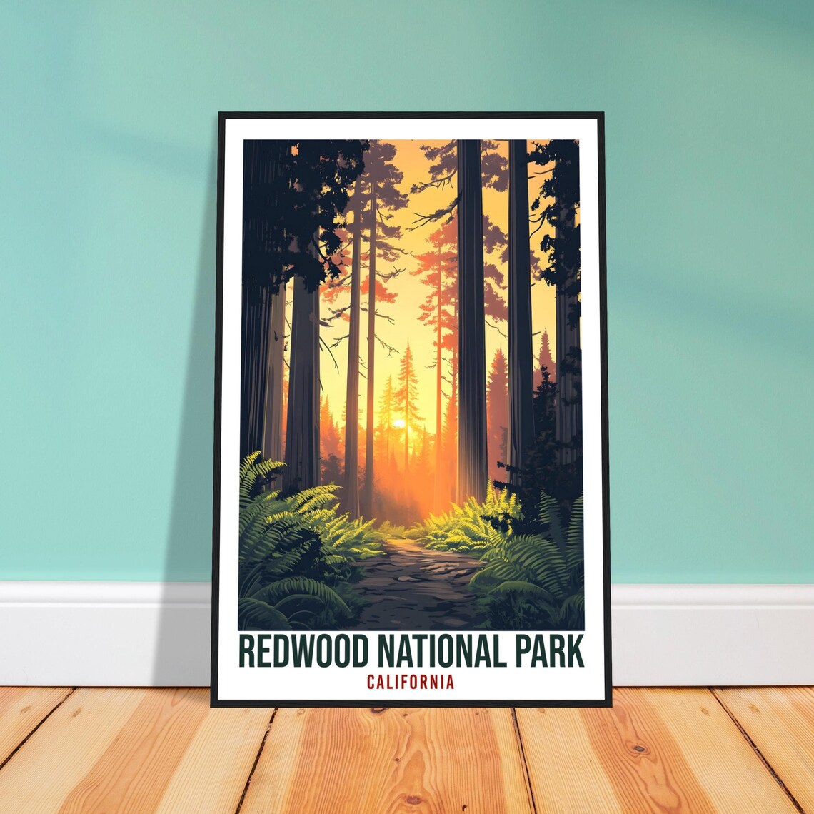Redwood National Park California Forest Trail Sunset Travel Poster