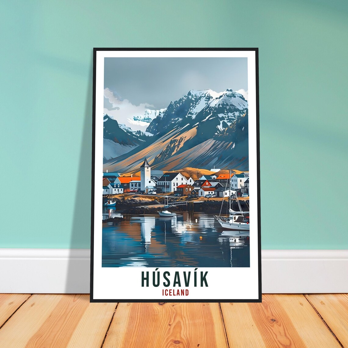 Husavik Iceland Harbor Village Vintage Travel Mountains Boats Poster