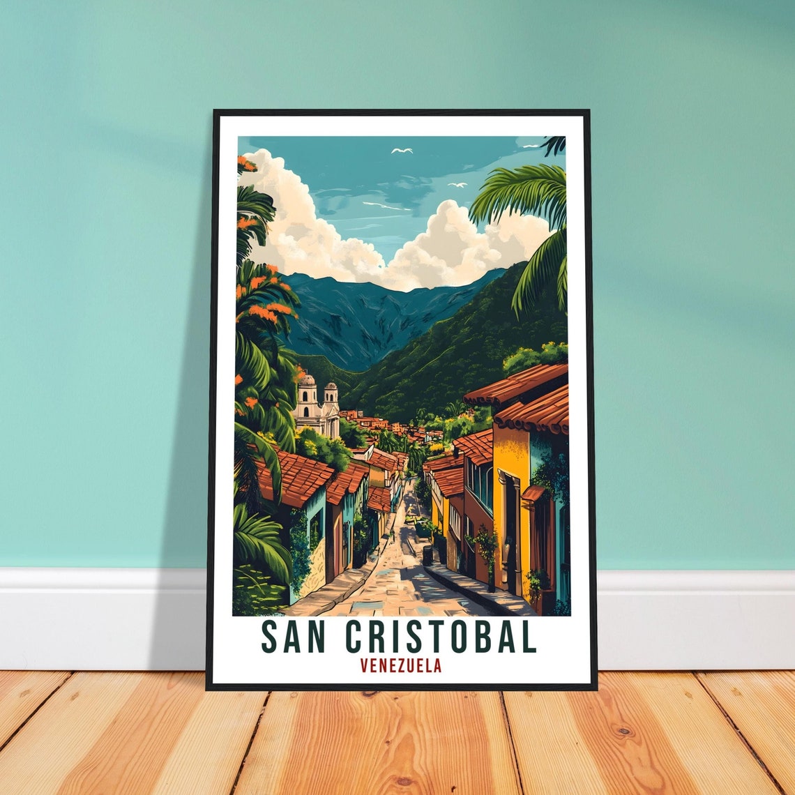 San Cristobal Venezuela Travel Poster Colonial Street Mountain View