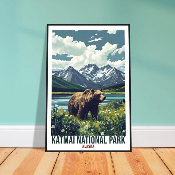 Katmai National Park Alaska Brown Bear Wildflower Travel Poster