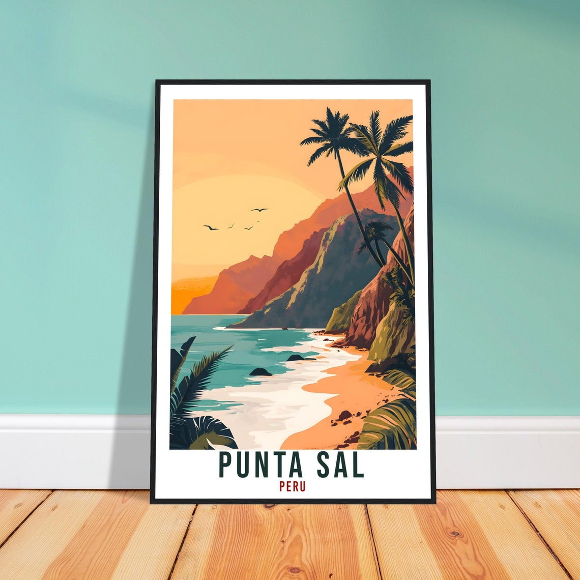 Punta Sal Peru Beach Cliffs Palm Sunset Vintage Travel Poster Ocean Art