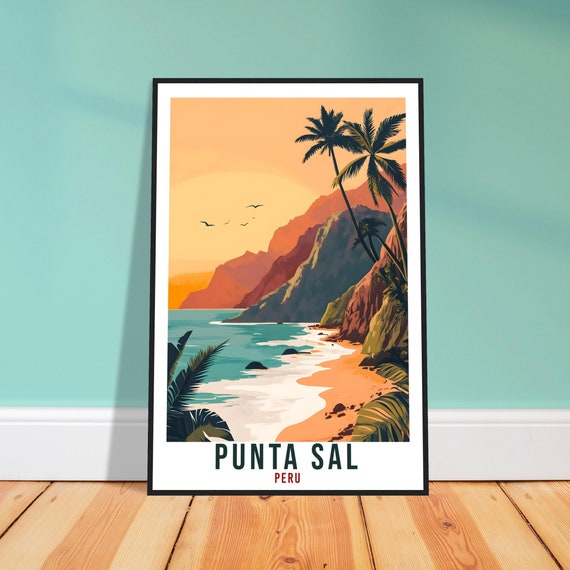 Punta Sal Peru Beach Cliffs Palm Sunset Vintage Travel Poster Ocean Art