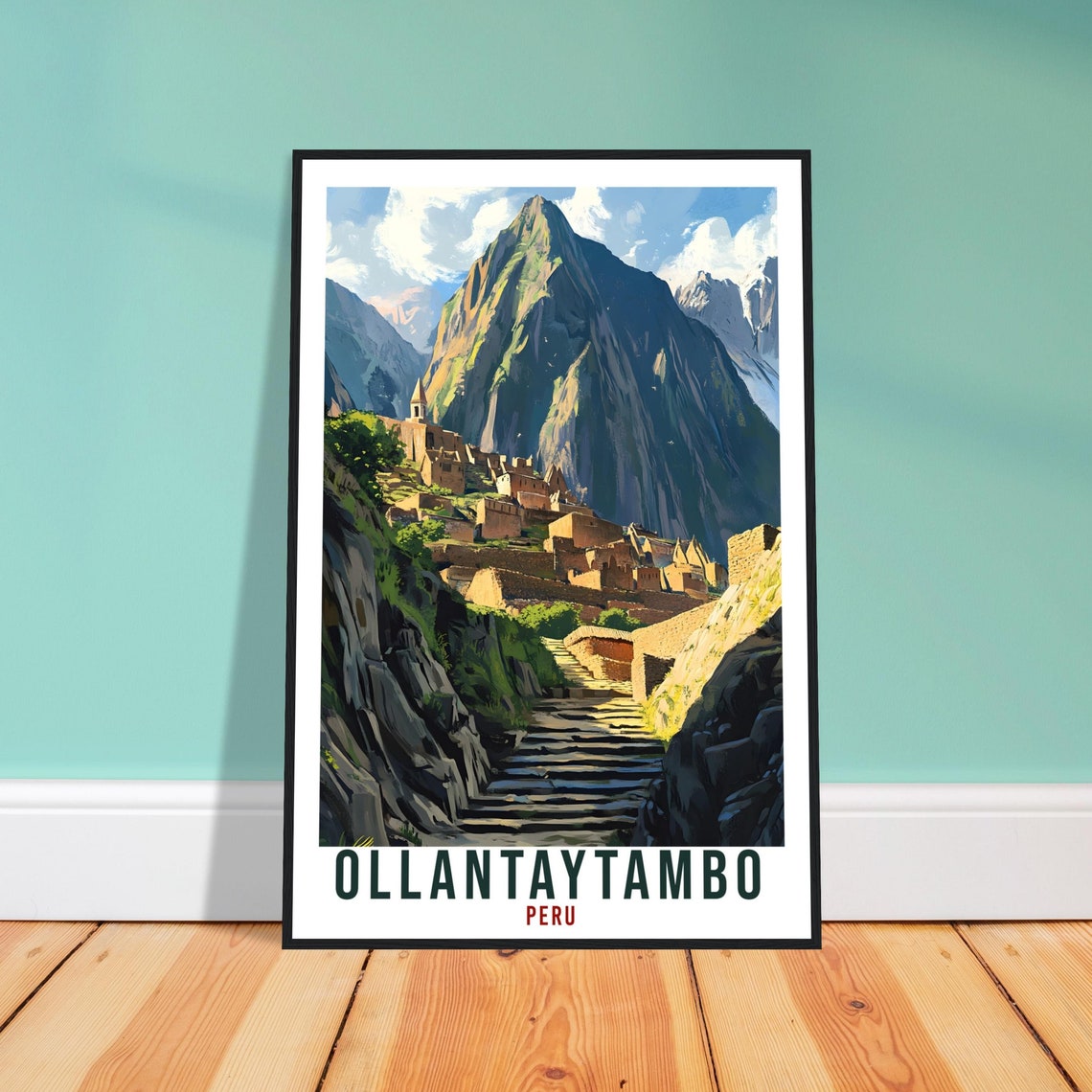 Ollantaytambo Peru Inca Stone Terraces Andes Peak Vintage Travel Poster