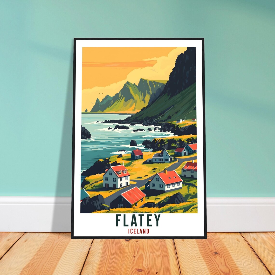 Flatey Iceland Coastal Village Red Roofs Retro Travel Poster