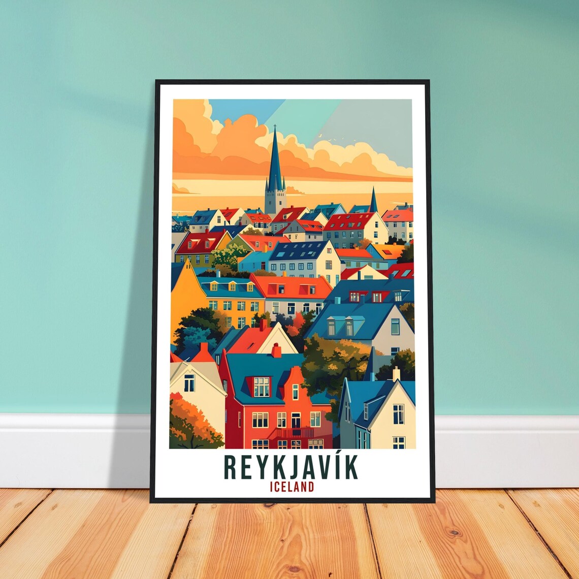 Reykjavik Iceland Colorful Rooftops Sunset Retro Travel Poster