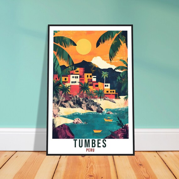 Tumbes Peru Coastal Fishing Village Sunset Boats Vintage Travel Poster