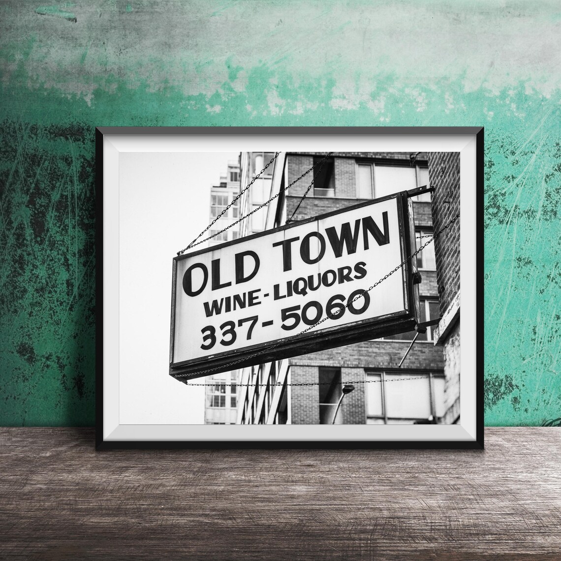 Old Town Wine Liquors Chicago Hanging Sign Black White Photo Print
