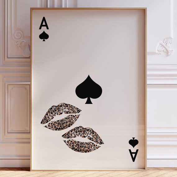 Playing Card Wall Art Leopard Kiss Lips Girly Decor Ace Poster Dorm Room Trendy Print