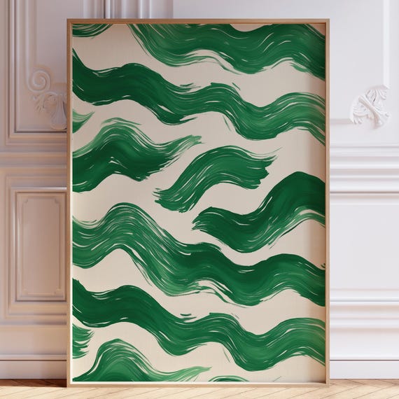 Green Minimalist Abstract Wall Art Mid Century Modern Waves Print Contemporary Trendy