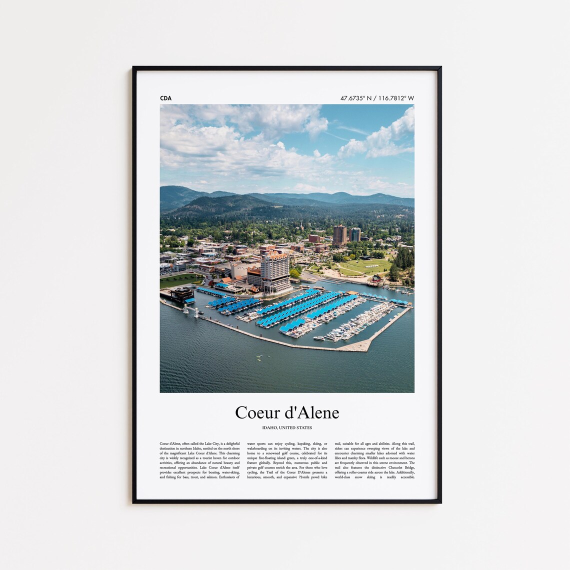 Coeur d'Alene Idaho Lake Marina Aerial Waterfront Travel Poster