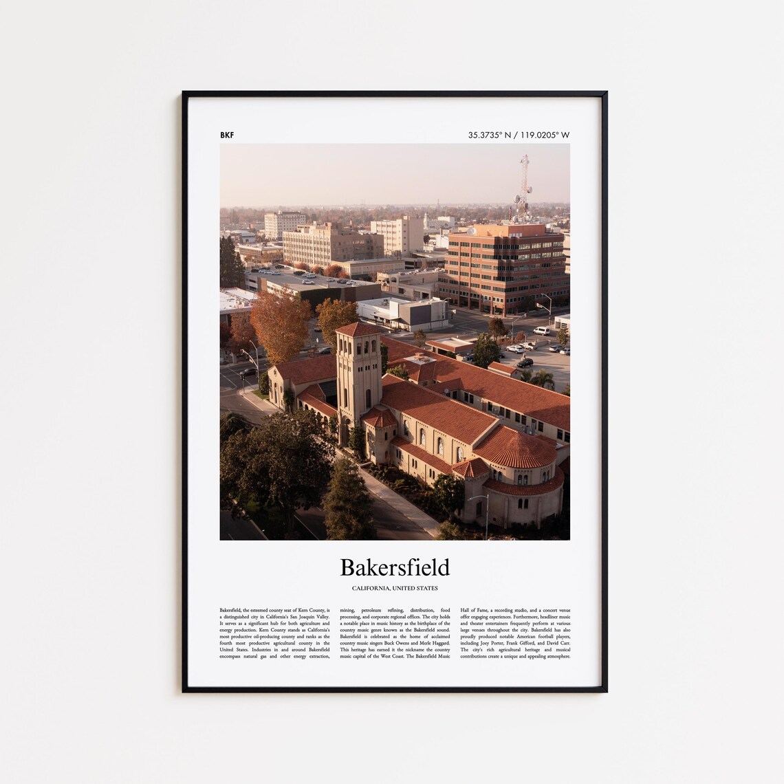 Bakersfield California Downtown Tower Aerial Minimalist Travel Poster