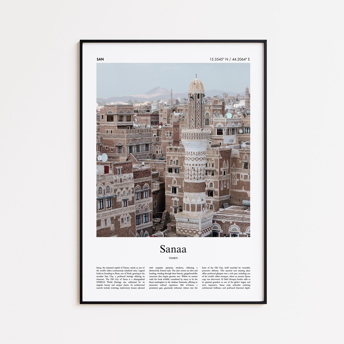 Sanaa Yemen Ancient Tower Houses Old City Skyline Travel Poster