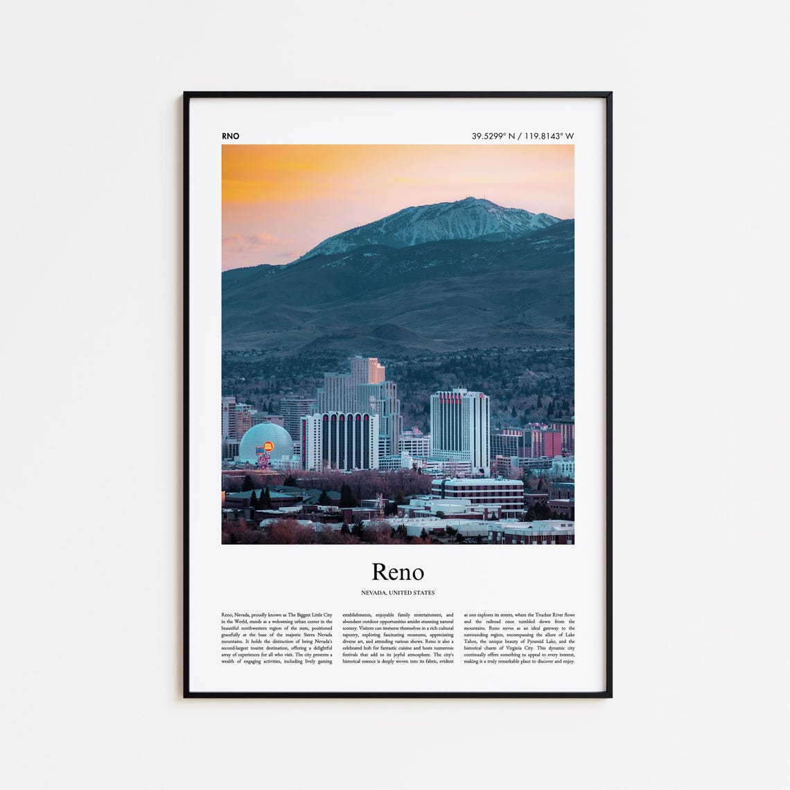 Reno Nevada Downtown Skyline Mountain Sunset City Lights Travel Poster