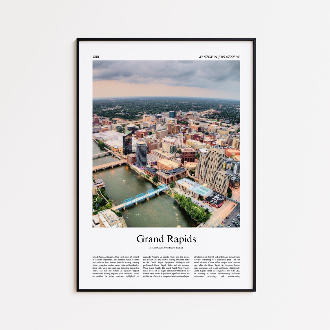 Grand Rapids Michigan River Skyline Aerial City Travel Photo Poster