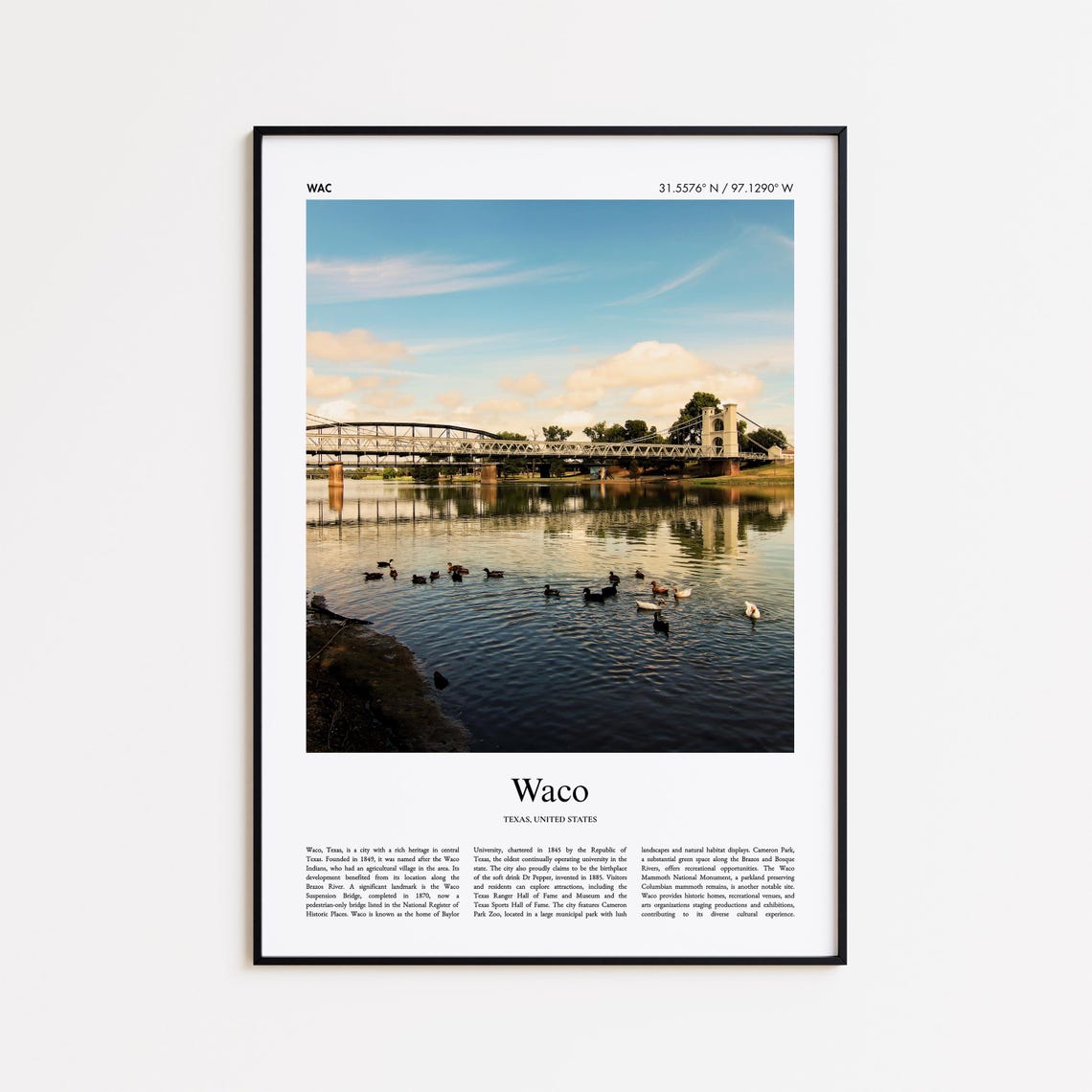 Waco Texas Historic Suspension Bridge River Minimalist Poster