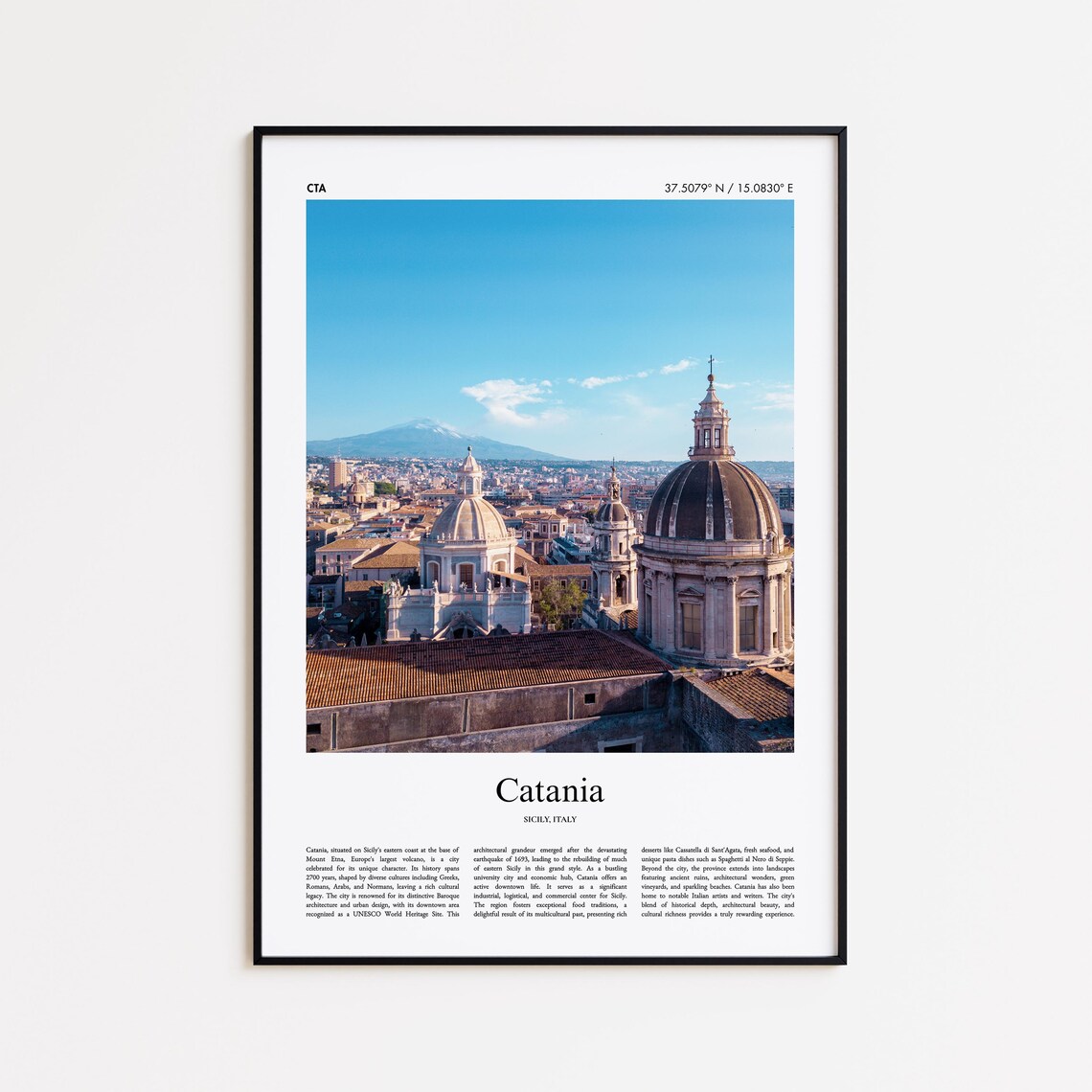Catania Sicily Italy Mount Etna Baroque City Aerial Photo Poster